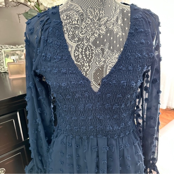 BTFBM Navy Swiss Dot Smocked Dress M - Picture 4 of 12